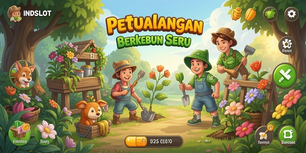 Tampilan gameplay seru di INDSLOT dengan kebun yang indah.