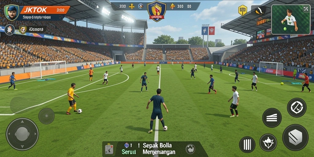 Tangkapan layar gameplay <strong>JKTOK</strong> yang menunjukkan aksi sepak bola yang menarik.