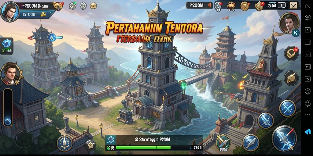 Screenshot gameplay P200M menunjukkan menara yang kokoh dalam aksi pertahanan.