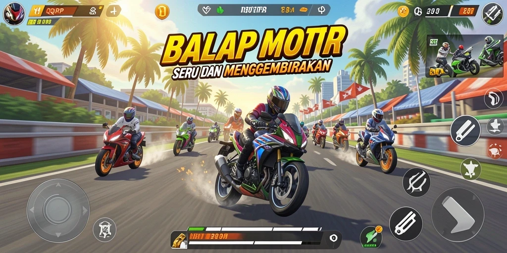 Gameplay balap motor yang mendebarkan dan penuh adrenalin.