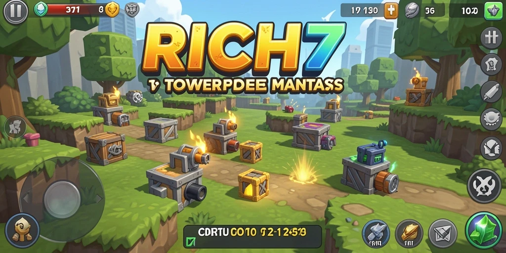 Screenshot menampilkan gameplay menegangkan di RICH7, dengan tower yang melawan gelombang musuh.