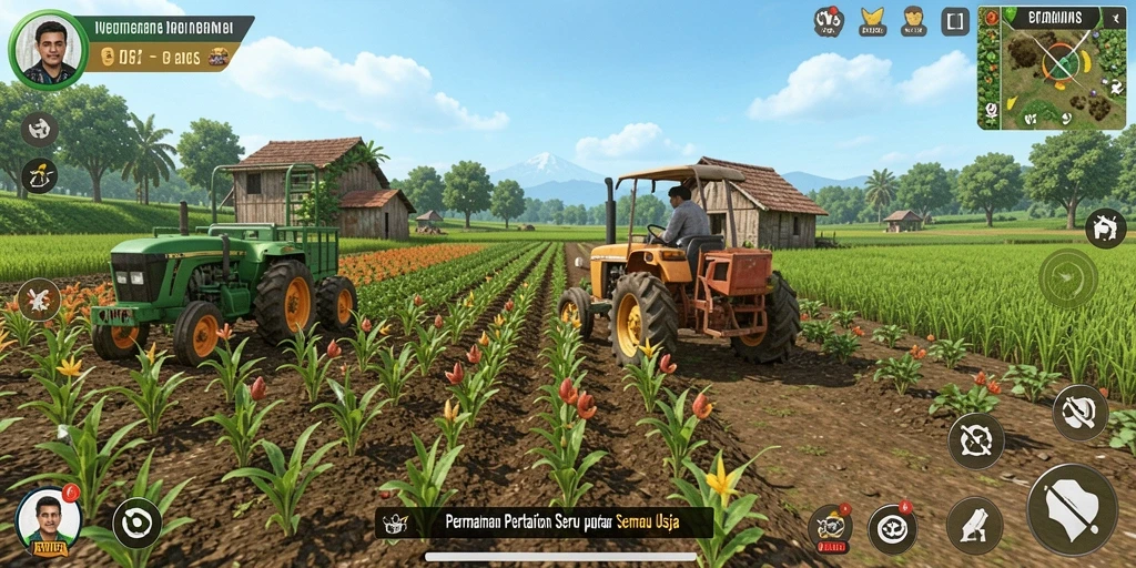 Screenshot gameplay menunjukkan petani yang sedang bekerja di ladang.