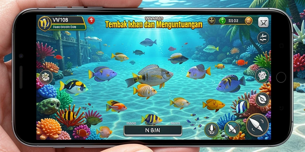 Screenshot gameplay VW108 yang menampilkan aksi tembak ikan yang seru.